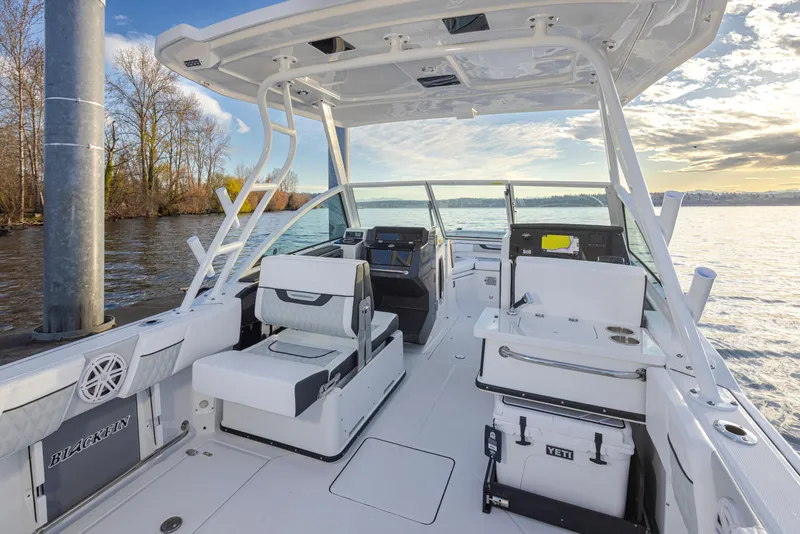 Slide: The Image of 2024 Blackfin 252 DC boat interior with seating and storage, docked on a calm lake. - 19