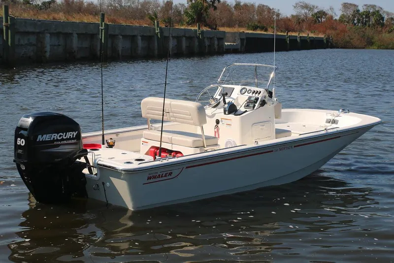 The Image of Manufacturer Provided Image: 2018 Boston Whaler 150 Montauk boat with Mercury 60 outboard motor on calm water. - 8