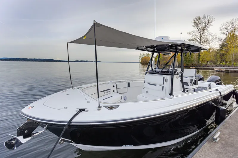 Slide: The Image of A sleek, modern boat with a black hull and white deck docked at the pier. - 11