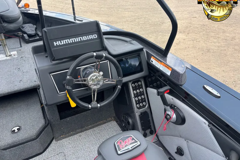 Slide: The Image of 2023 Ranger VX1788 WT boat cockpit with Humminbird system and steering wheel. - 5
