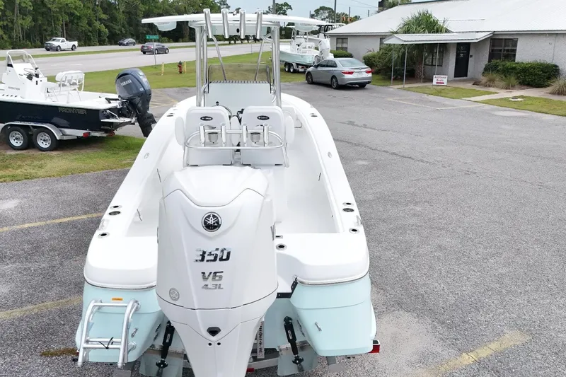 Slide: The Image of 2027 BlackJack 256 Coastal boat with Yamaha 350 V6 engine in parking lot. - 8