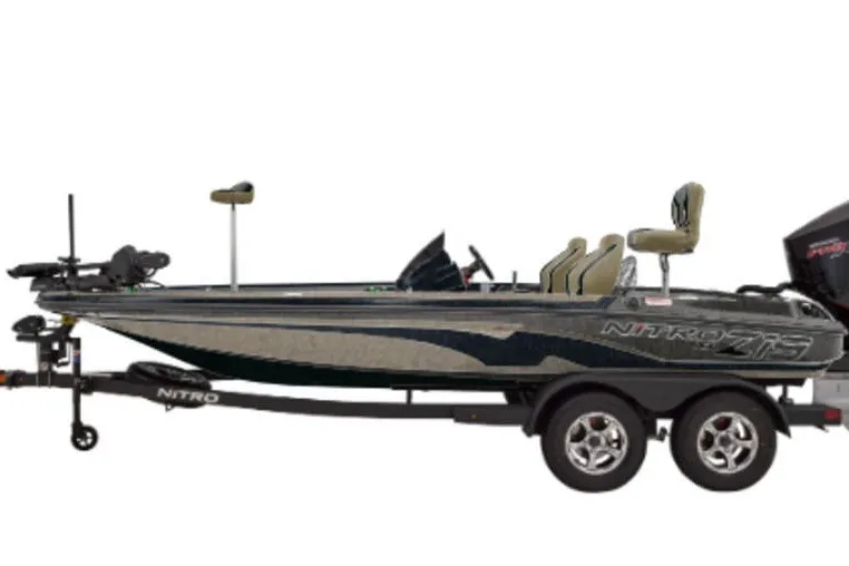 Slide: The Image of 2027 Nitro Z18 Pro fishing boat on trailer, featuring sleek design and dual seating. - 2