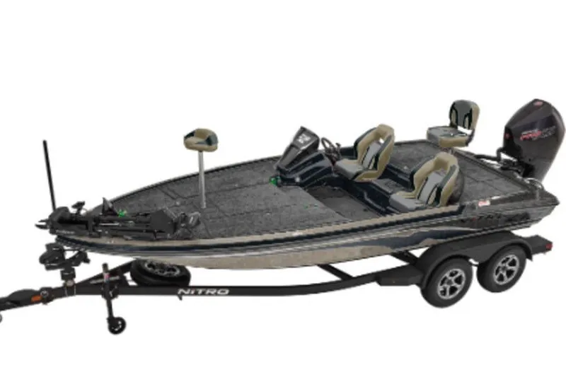 The Image of 2027 Nitro Z18 Pro fishing boat on trailer, featuring dual seats and advanced equipment. - 0