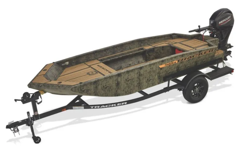 The Image of 2027 Tracker Grizzly 1548 T boat on trailer, featuring camouflage design and Mercury outboard motor. - 1
