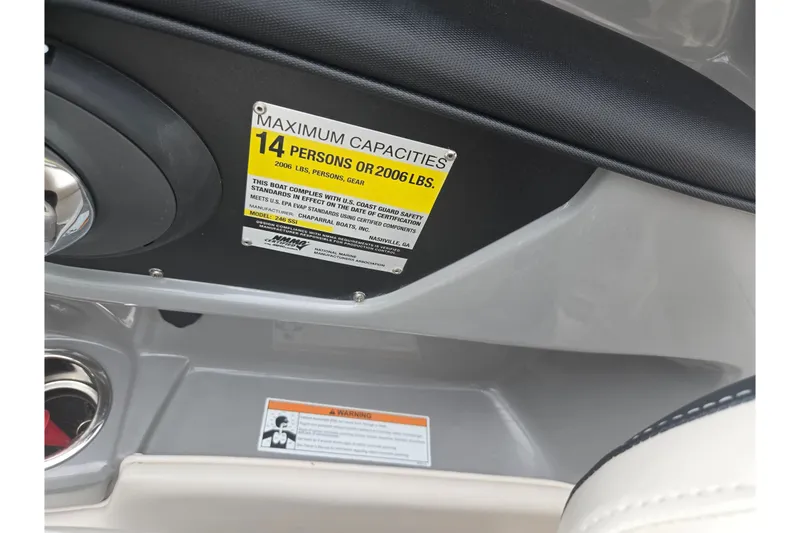 Slide: The Image of 2017 Chaparral 246 SSi boat capacity label, seating for 14 people or 2006 lbs. - 13