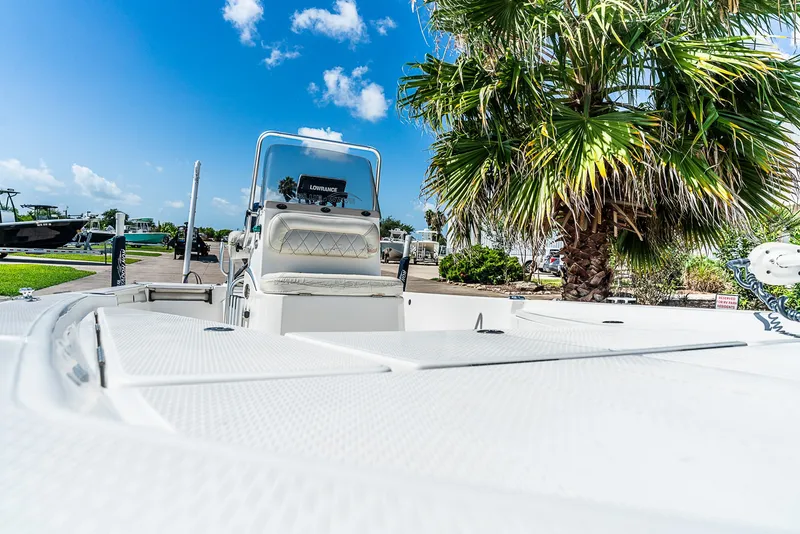 Slide: The Image of A 2018 Blue Wave 1900STL boat with a white deck and palm trees in the background. - 9