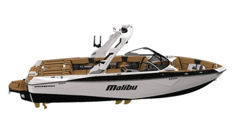 Slide: The Image of The image shows a 2027 Malibu Wakesetter 23 LSV boat with a sleek design and luxurious features. - 2