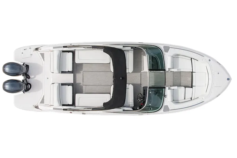 Slide: The Image of Manufacturer Provided Image: 2019 Regal 29 OBX boat, top view, dual outboard engines, spacious seating. - 47