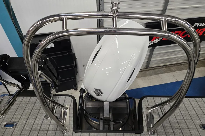 Slide: The Image of Stainless steel boat railing on 2027 Godfrey Sweetwater 2286 SBC with outboard motor. - 19