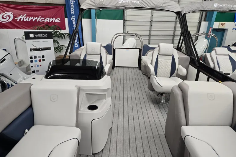 Slide: The Image of Interior of 2027 Godfrey Sweetwater 2286 SBC pontoon boat with luxurious seating and modern design. - 4