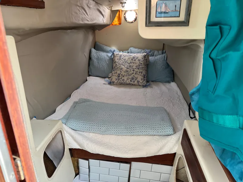 Slide: The Image of Cozy cabin with a double bed, adorned with blue pillows and a framed picture on the wall. - 9