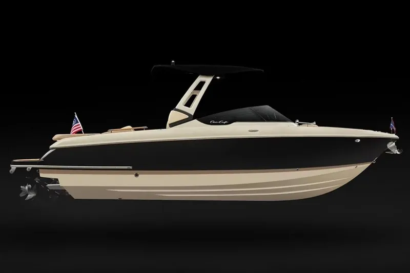 The Image of Manufacturer Provided Image: 2026 Chris-Craft Sportster 28 I/O boat with sleek black and beige design on black background. - 0