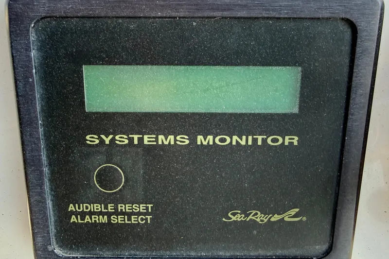 Slide: The Image of Sea Ray 380 Aft Cabin 2000 systems monitor with audible reset and alarm select. - 29