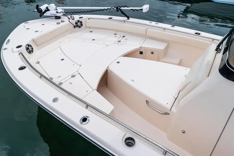 Slide: The Image of Manufacturer Provided Image: 2023 Grady-White 281 Coastal Explorer boat deck with seating and storage compartments. - 46