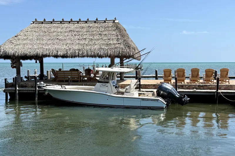 The Image of 2023 Grady-White 281 Coastal Explorer docked by a thatched-roof pier with ocean view. - 5