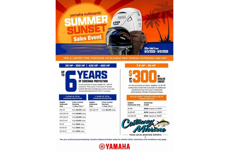Slide: The Image of Yamaha Outboards Summer Sunset Sales Event flyer, featuring warranty offers and dealer credits. - 1