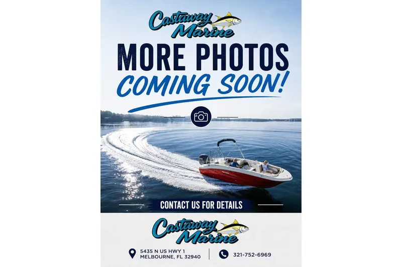 Slide: The Image of 2027 Hurricane SunDeck 2400 OB boat on water, Castaway Marine advertisement. - 2