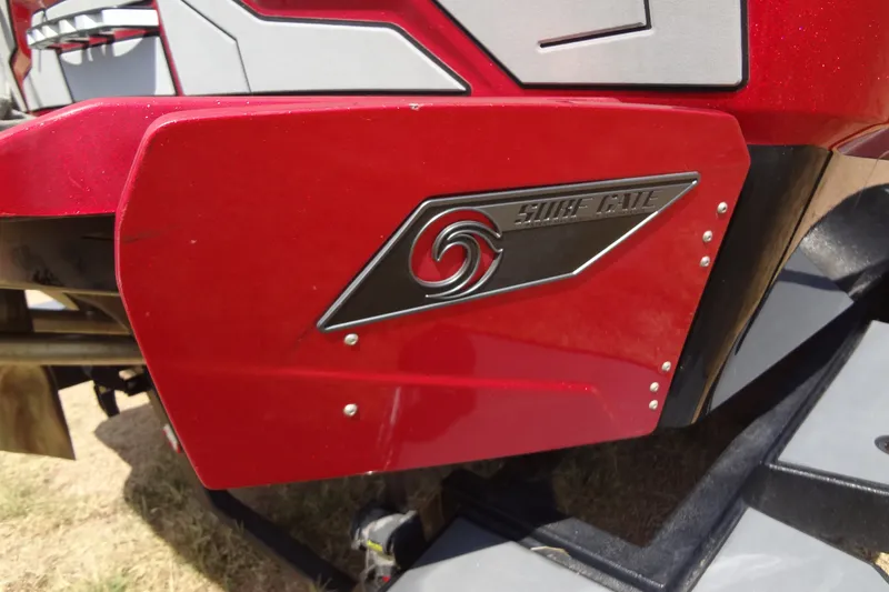 Slide: The Image of Red 2020 Axis A22 boat with Surf Gate feature, close-up view. - 40