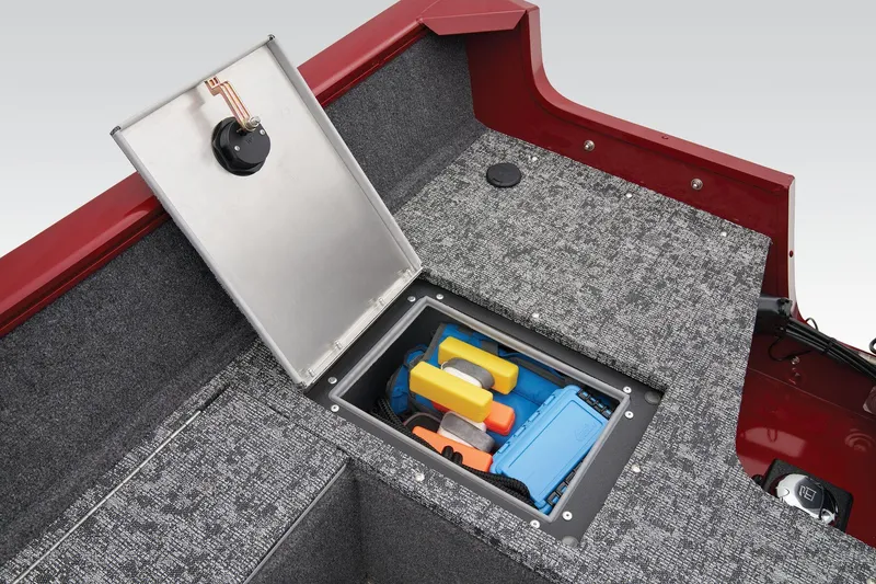 Slide: The Image of Manufacturer Provided Image: 2025 Tracker Pro Guide V-16 WT boat storage compartment with organized gear and accessories. - 43
