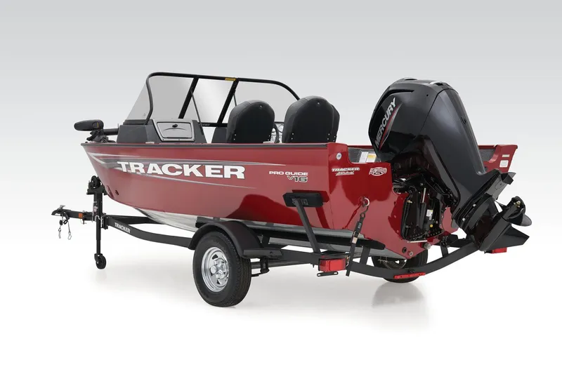 Slide: The Image of Manufacturer Provided Image: 2025 Tracker Pro Guide V-16 WT boat on trailer, red exterior, rear view. - 47