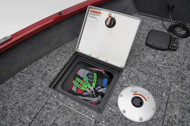 Slide: The Image of Manufacturer Provided Image: 2025 Tracker Pro Guide V-16 WT boat storage compartment with safety gear and accessories. - 22