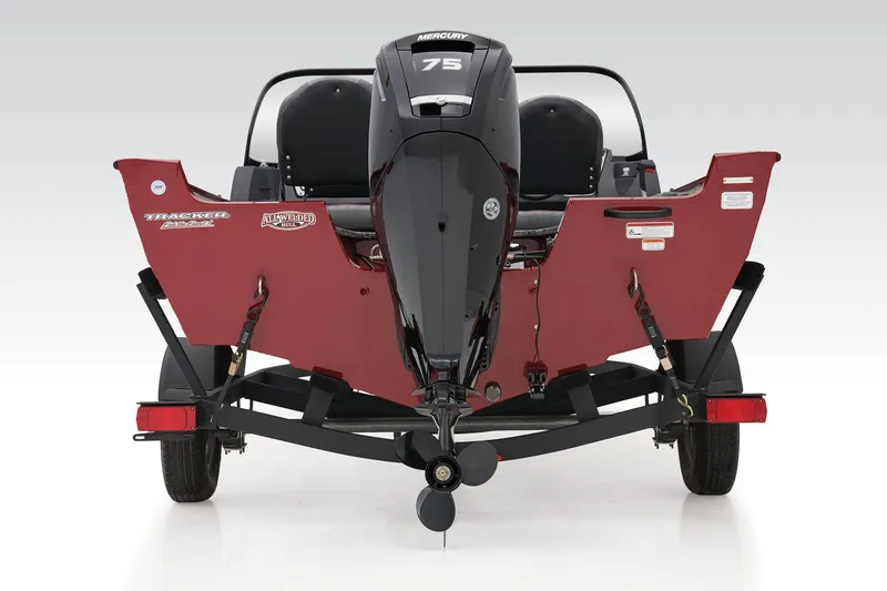 Slide: The Image of Manufacturer Provided Image: 2025 Tracker Pro Guide V-16 WT boat, rear view, featuring a powerful 75 HP engine. - 48