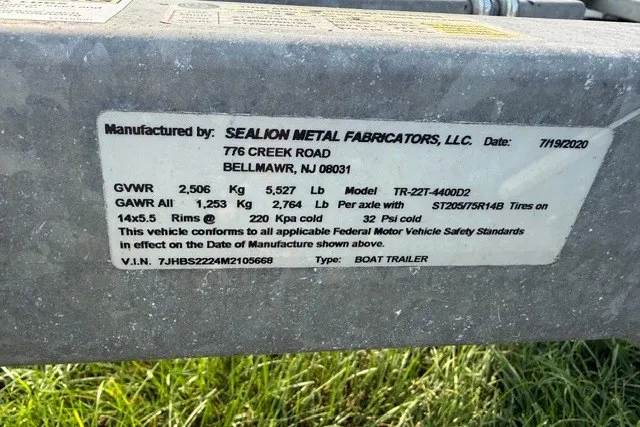 Slide: The Image of Label on a boat trailer manufactured by Sealion Metal Fabricators, LLC, dated 7/19/2020. - 40