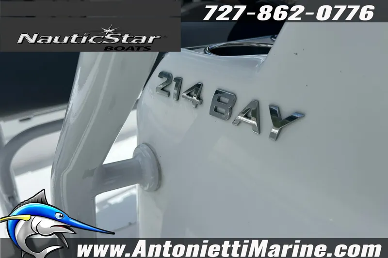 Slide: The Image of 2024 NauticStar 214 Bay boat with logo and contact details for Antonietti Marine. - 11