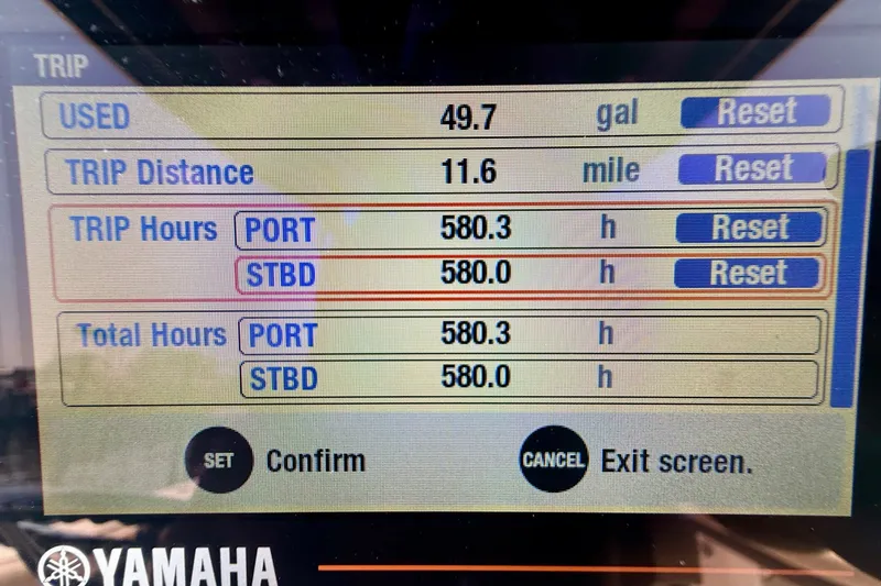 Slide: The Image of Yamaha display showing trip data for 2019 Tidewater 320 CC Adventure boat. - 37