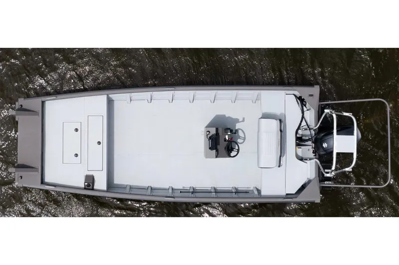 Slide: The Image of Manufacturer Provided Image: 2026 SeaArk 2072 Workhorse boat, aerial view, spacious deck, on water. - 1