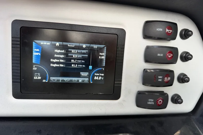 Slide: The Image of Dashboard of 2022 Yamaha AR210 boat showing speed, engine hours, and control switches. - 23