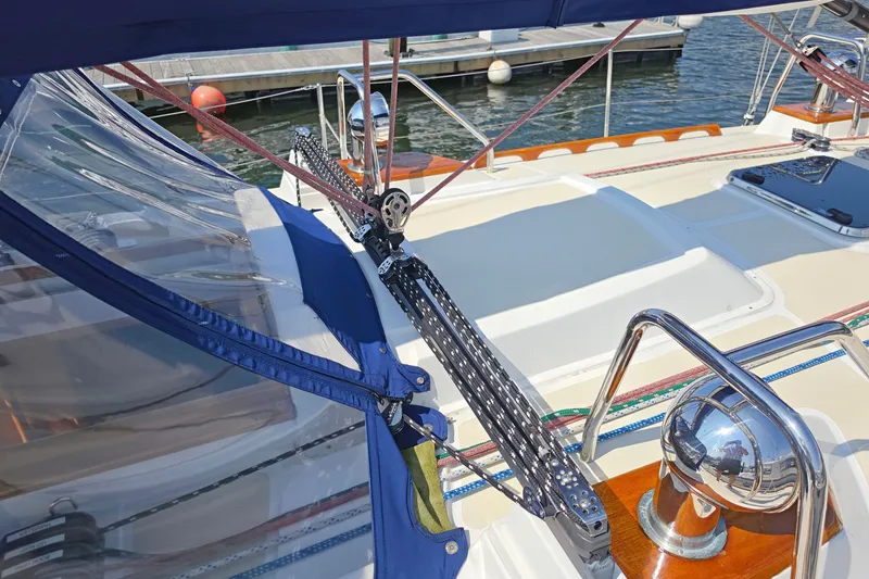 Slide: The Image of Sailboat deck view, Tartan 4300, 2008 model, featuring rigging and winch. - 18