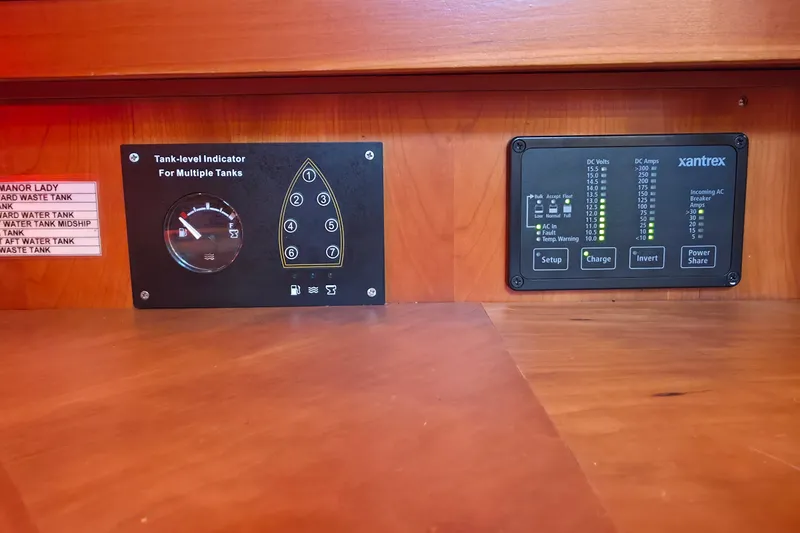 Slide: The Image of Control panel of a 2008 Tartan 4300 yacht, featuring tank-level and power indicators. - 44