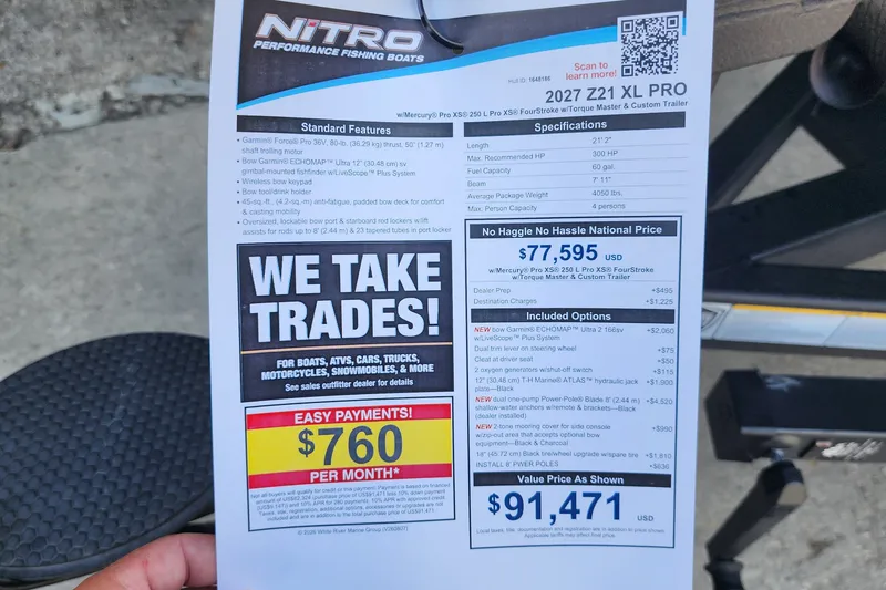 Slide: The Image of 2027 Nitro Z21 XL Pro boat brochure with pricing, features, and trade-in options. - 5
