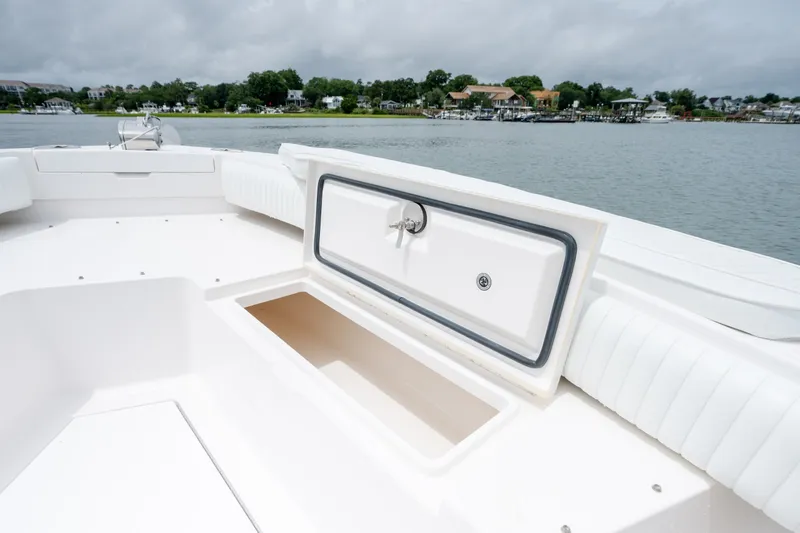 Slide: The Image of 2008 Regulator 29 Forward Seating boat with open storage compartment, docked by a scenic shoreline. - 38