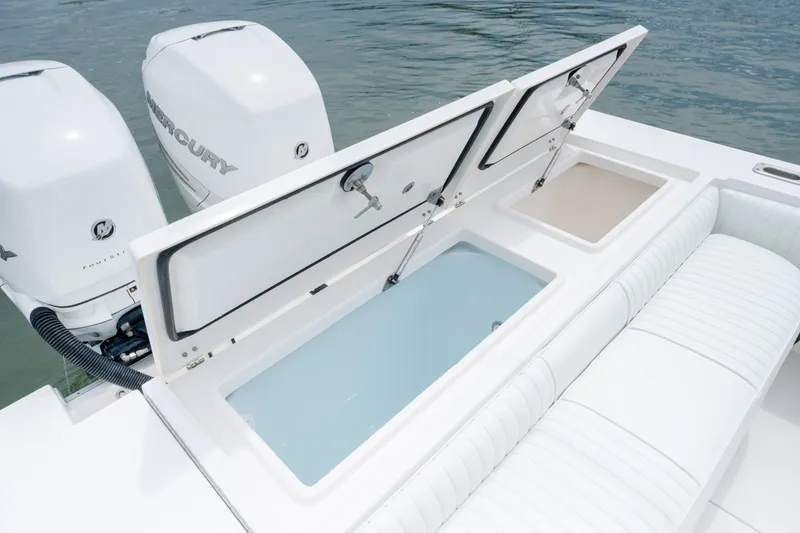 Slide: The Image of 2008 Regulator 29 Forward Seating boat with open storage compartments and twin Mercury engines. - 17