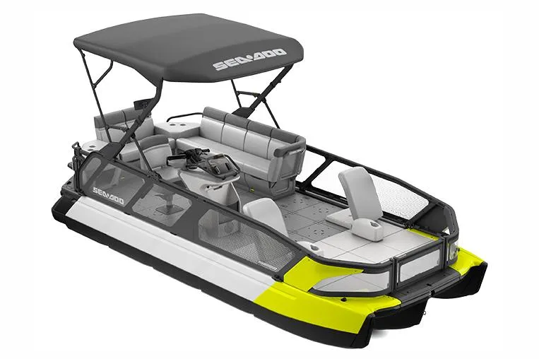 Slide: The Image of Manufacturer Provided Image: 2023 Sea-Doo Switch Sport 21 pontoon boat with canopy and seating. - 22