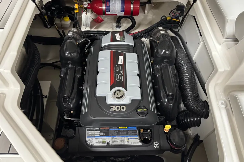 Slide: The Image of Engine compartment of 2026 Sea Ray SDX 230 boat, featuring a powerful Mercury 6.2L engine. - 15