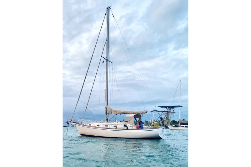 The Image of 1989 Island Packet 35 sailboat anchored on calm water under a cloudy sky. - 1