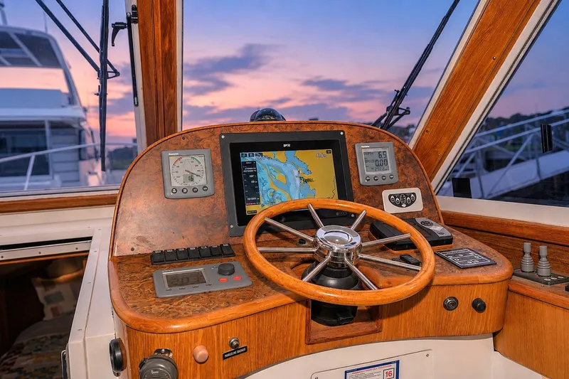 Slide: The Image of Helm of 2007 Legacy 32 Express boat with navigation equipment at sunset. - 10