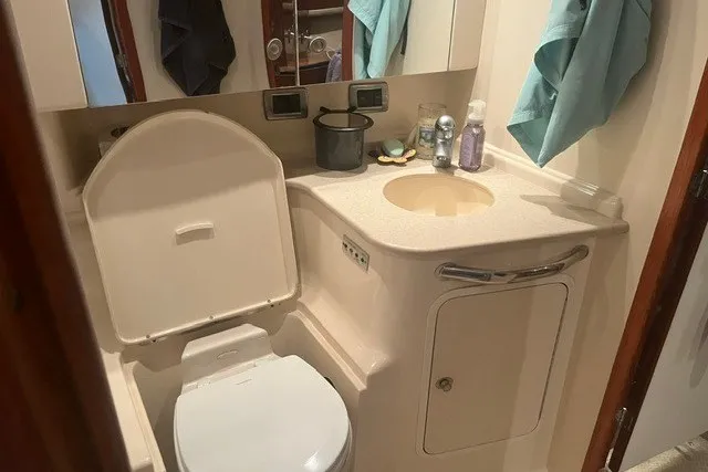 Slide: The Image of 2005 Sea Ray Sundancer 260 bathroom with toilet, sink, and toiletries. - 15