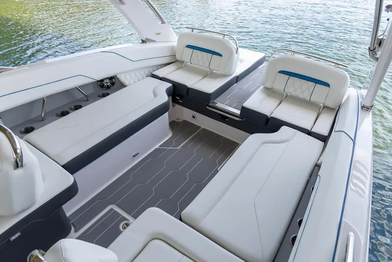 Slide: The Image of Manufacturer Provided Image: 2020 Regal LS6 Surf boat interior with luxurious white seating. - 94