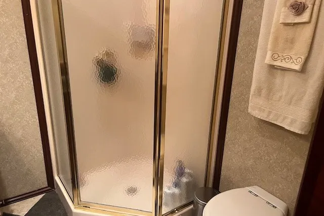 Slide: The Image of A compact bathroom with a glass shower enclosure and elegant gold trim. - 34