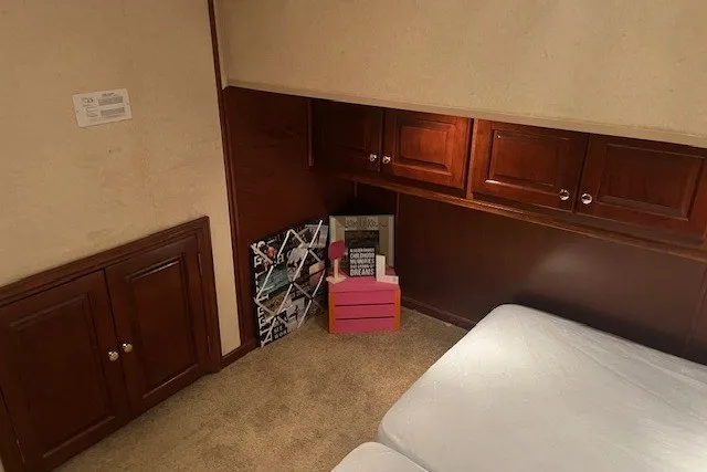 Slide: The Image of Cozy bedroom with wooden cabinets, pink storage, and a bed in a 2006 Fantasy model. - 43