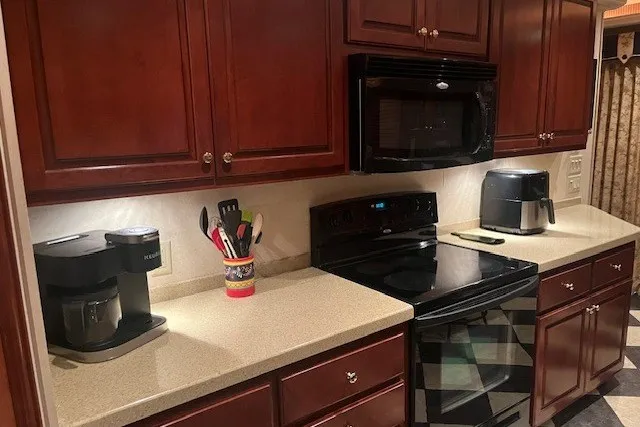 Slide: The Image of Modern kitchen with dark wood cabinets, countertop appliances, and under-cabinet lighting, Fantasy 20x100 model. - 15