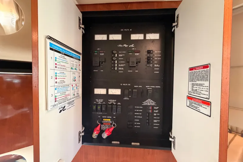 Slide: The Image of Electrical panel inside a 2003 Sea Ray 380 Sundancer boat, showing switches and safety instructions. - 25