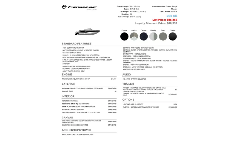 Slide: The Image of 2027 Crownline 200 SS boat specifications and features, including pricing and options. - 11