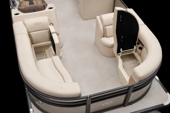 Slide: The Image of Manufacturer Provided Image: 2020 Harris Cruiser 210 boat interior with beige seating and storage compartments. - 20