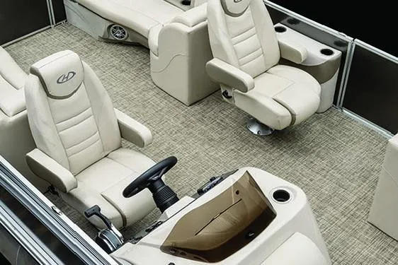 Slide: The Image of Manufacturer Provided Image: 2020 Harris Cruiser 210 boat interior with beige seating and steering console. - 25