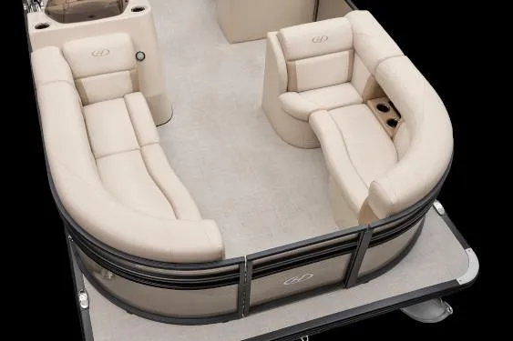 Slide: The Image of Manufacturer Provided Image: 2020 Harris Cruiser 210 pontoon boat with beige seating and black railings. - 19